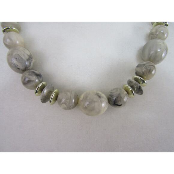 Gray/Cream Marble Round Gemstone Beaded Gold Tone Spacer Necklace Long 16.5" - Picture 2 of 6